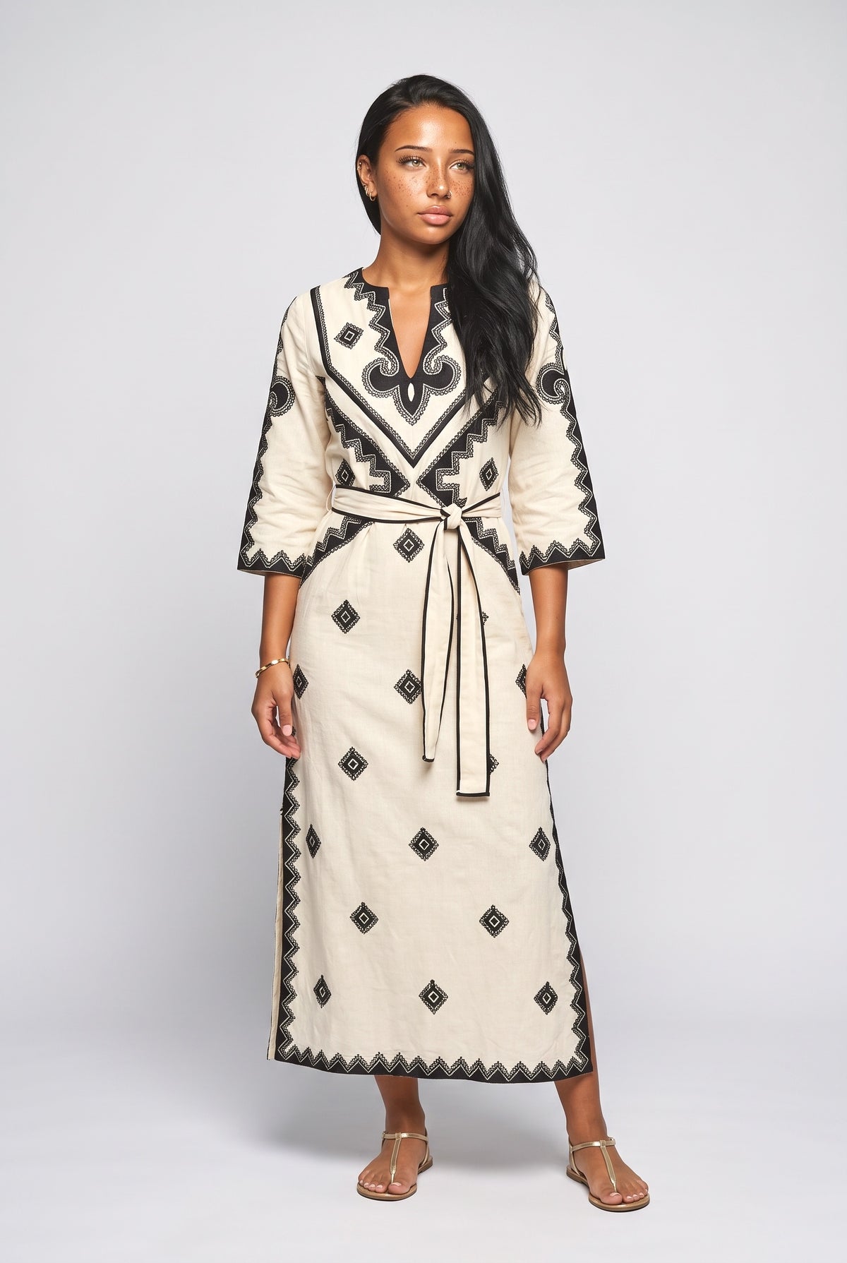 Bohemian Style Print Belted Midi Dress, off white