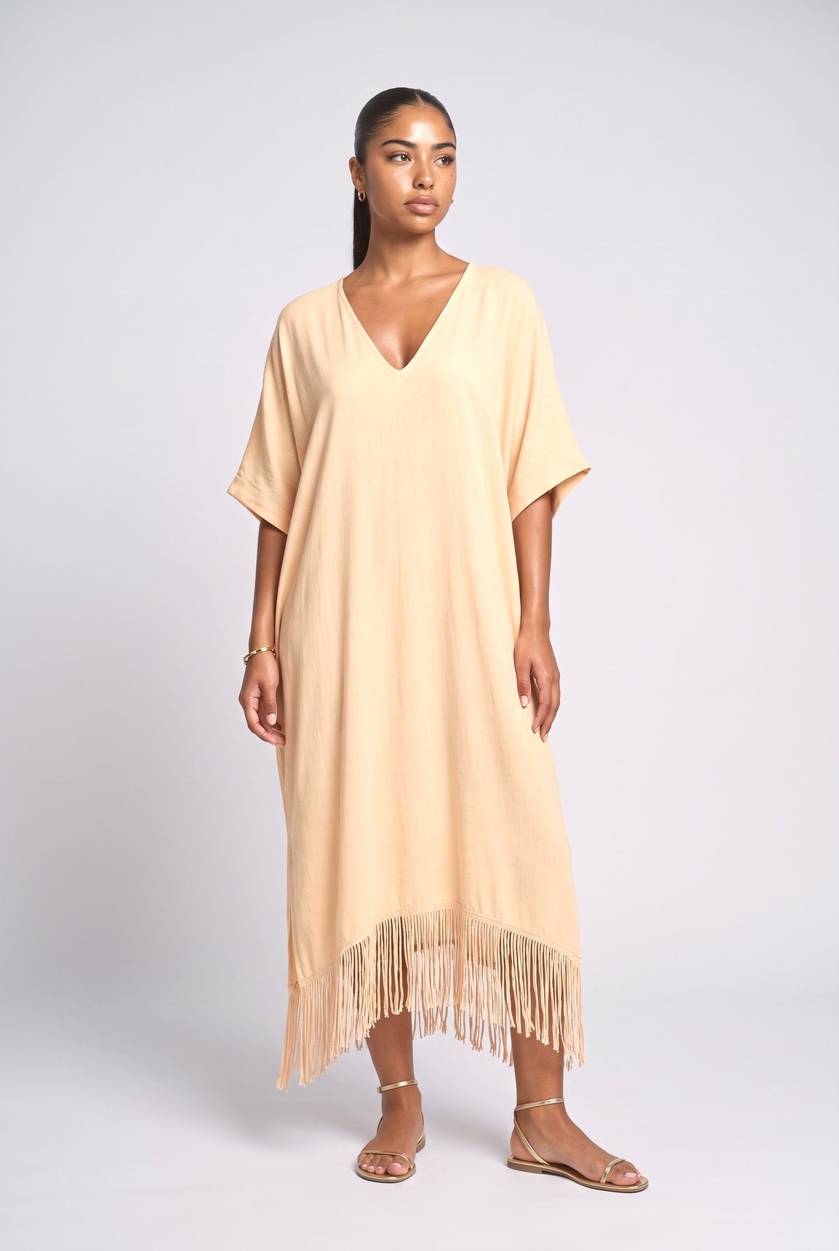 V-Neck Tassel Design Maxi Dress, off white