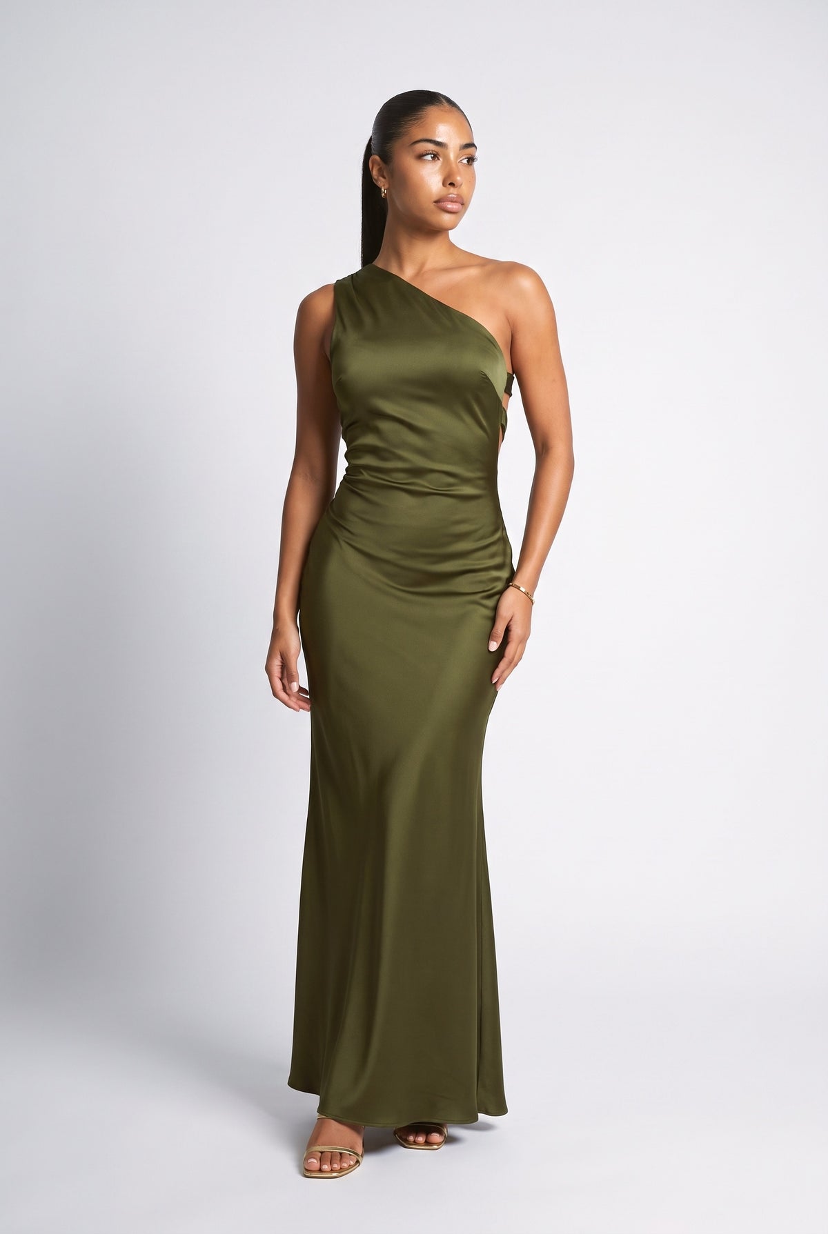 Satin One-Shoulder Ruched Maxi Dress, olive green