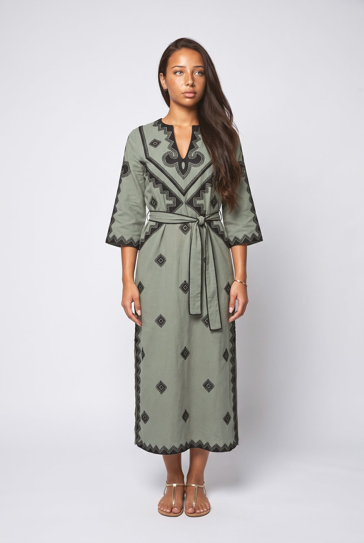 Bohemian Style Print Belted Midi Dress, olive green