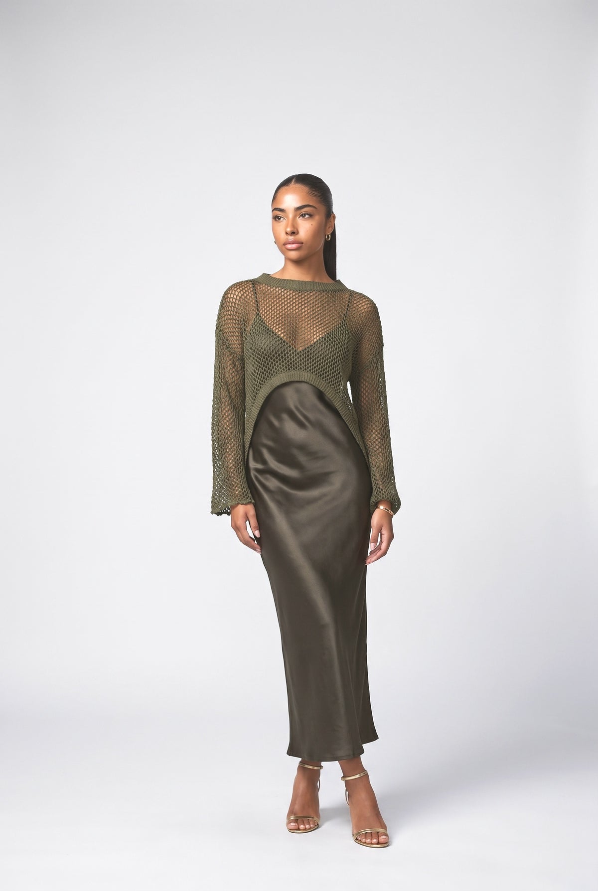 Satin Camisole Dress & Knit Cover-Up Set, oliver green