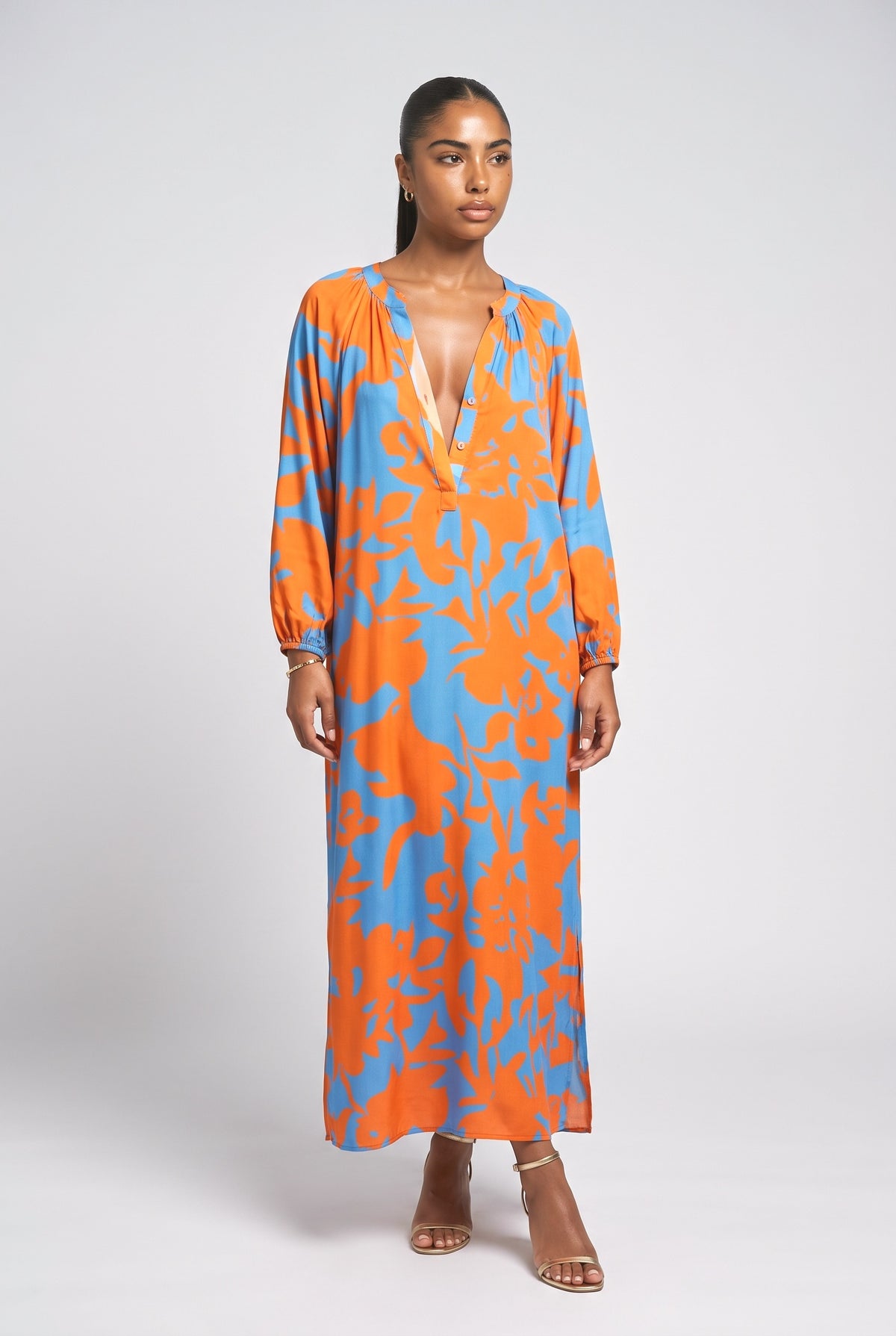 Print V-Neck Relaxed Dress, orange