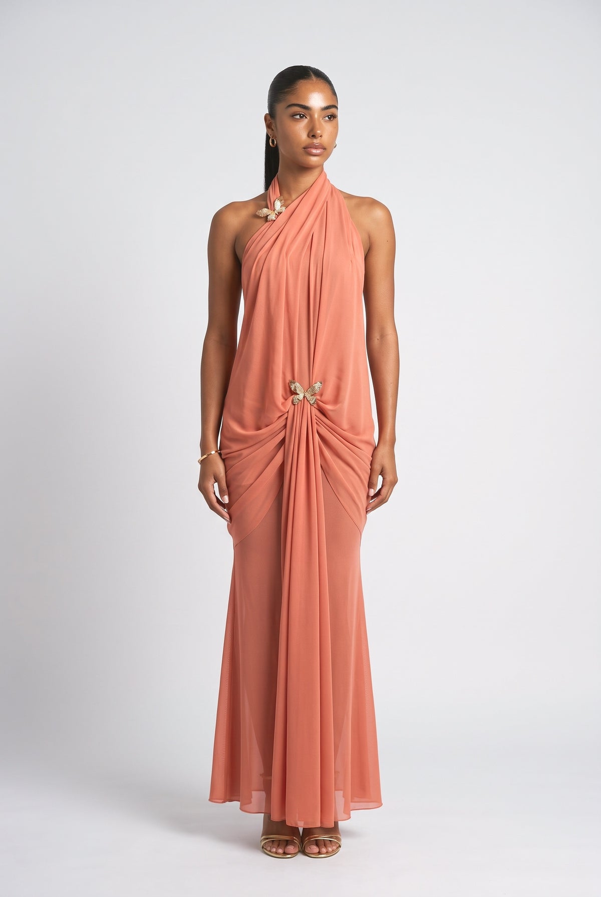 Chiffon Backless Maxi Dress, orange