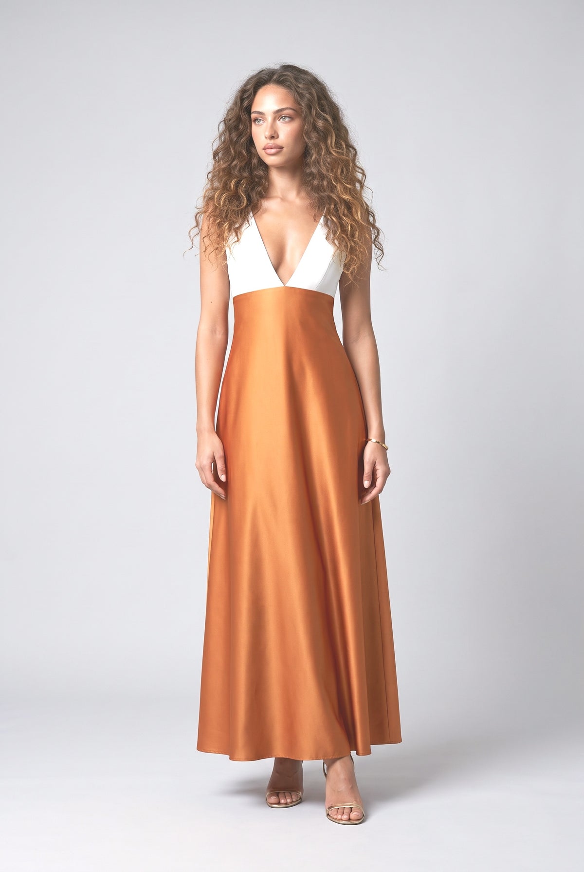 Colorblock V-Neck A-Line Maxi Dress, orange