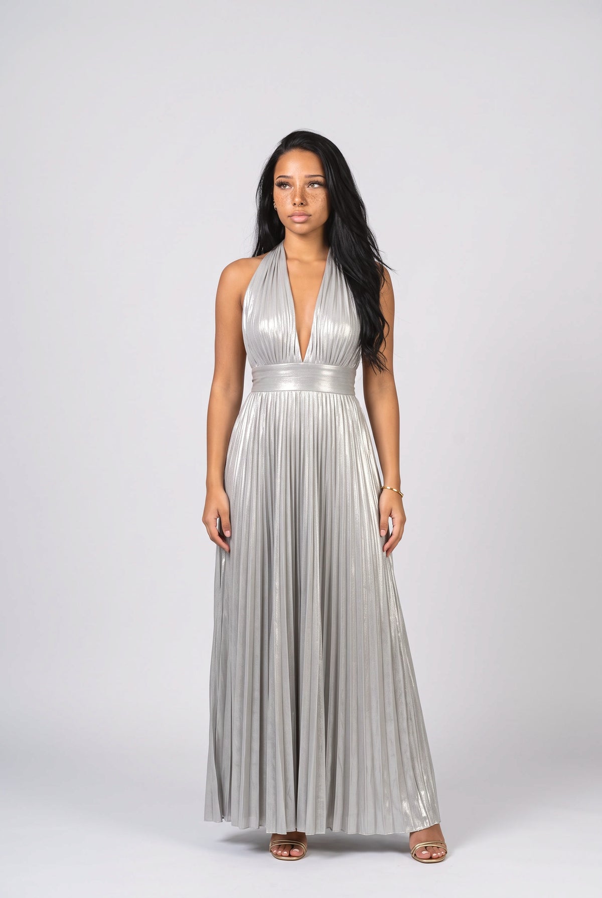 Metallic Pleated Halter Neck Maxi Dress, orange