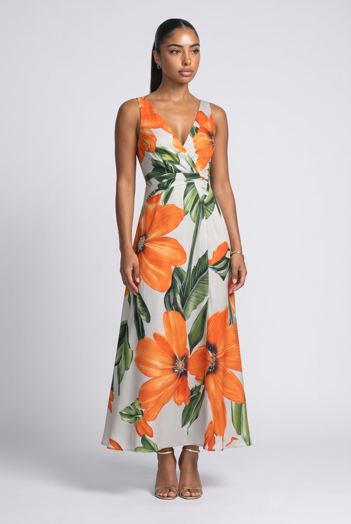 Floral V-Neck Sleeveless A-Line Maxi Dress, orange