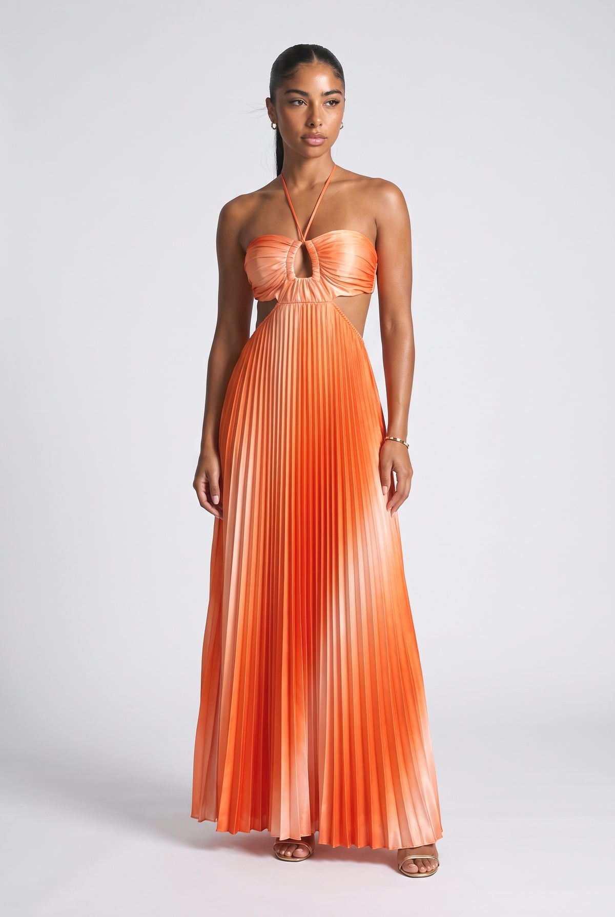 Ombre Halter Pleated Maxi Dress, orange