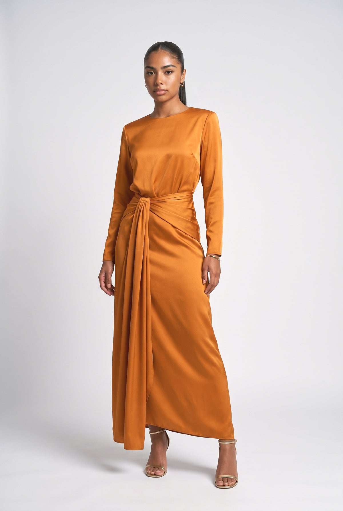 Satin Draped Maxi Dress, orange
