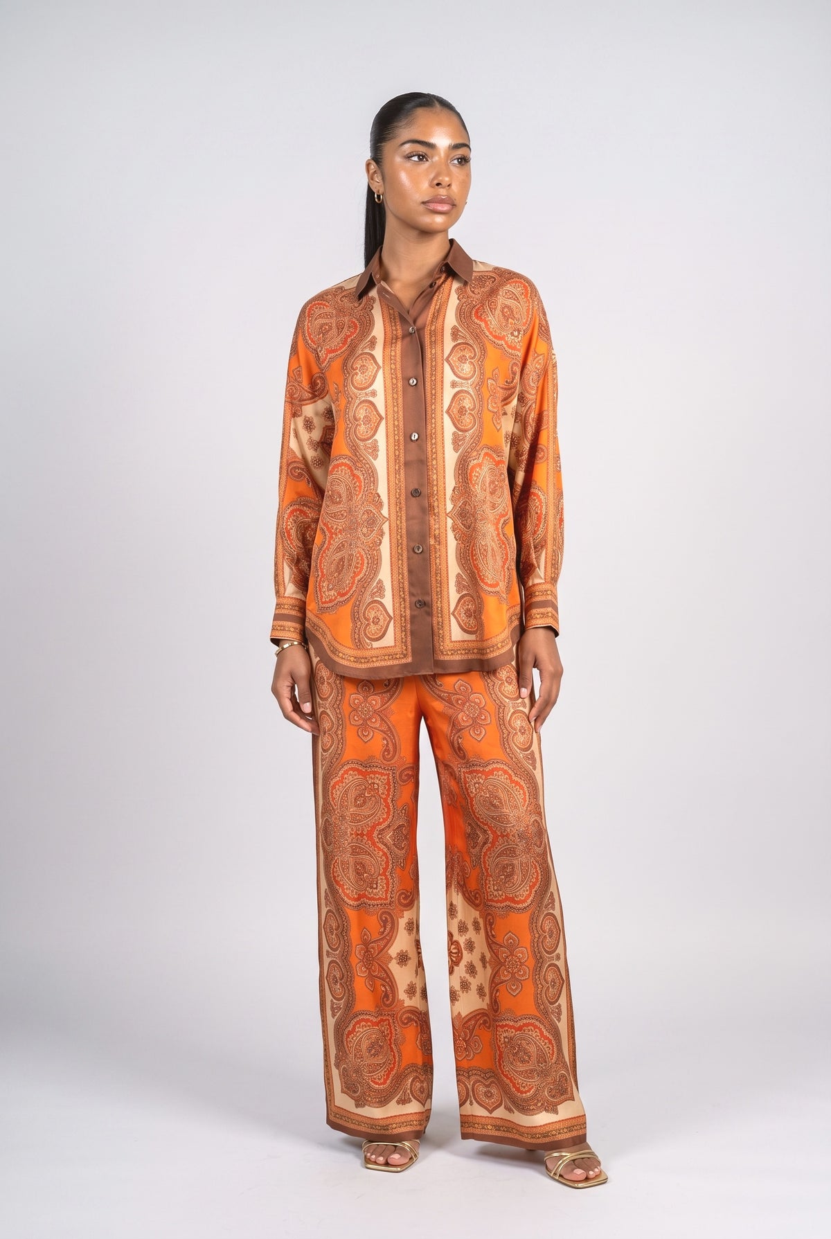 Orange Paisley Long Sleeve Outfit Set, orange