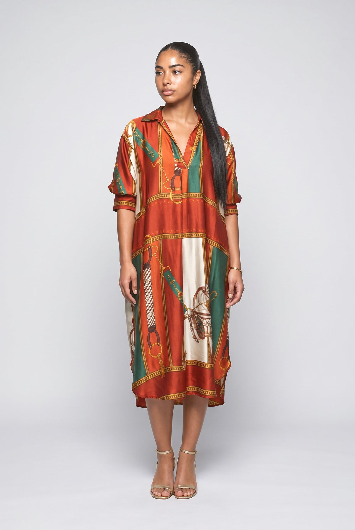 Equestrian Print Shirt Midi Dress, orange