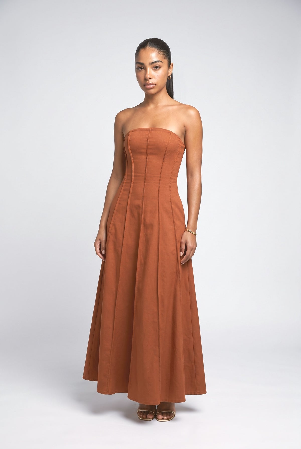 Orange Strapless A-Line Maxi Dress, orange