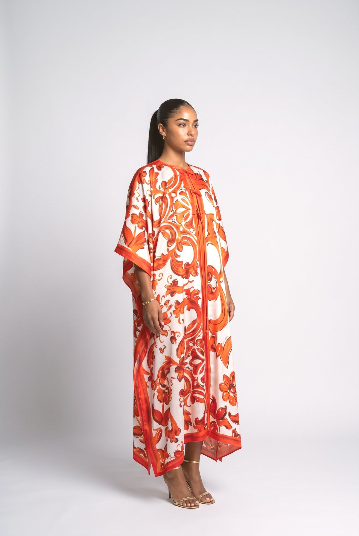 Self-Tie Satin Print Flowing Kaftan Maxi Dress, orange