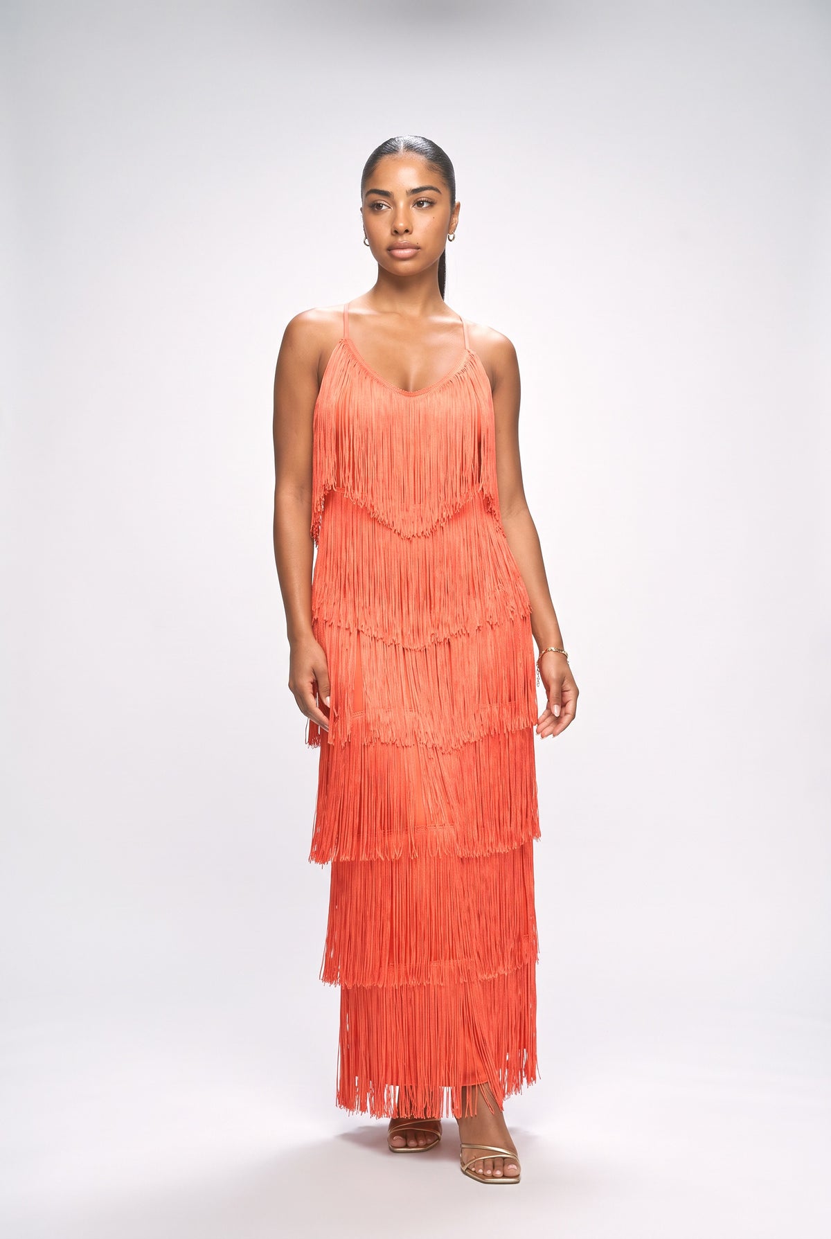 One-Shoulder Tiered Maxi Dress, orange