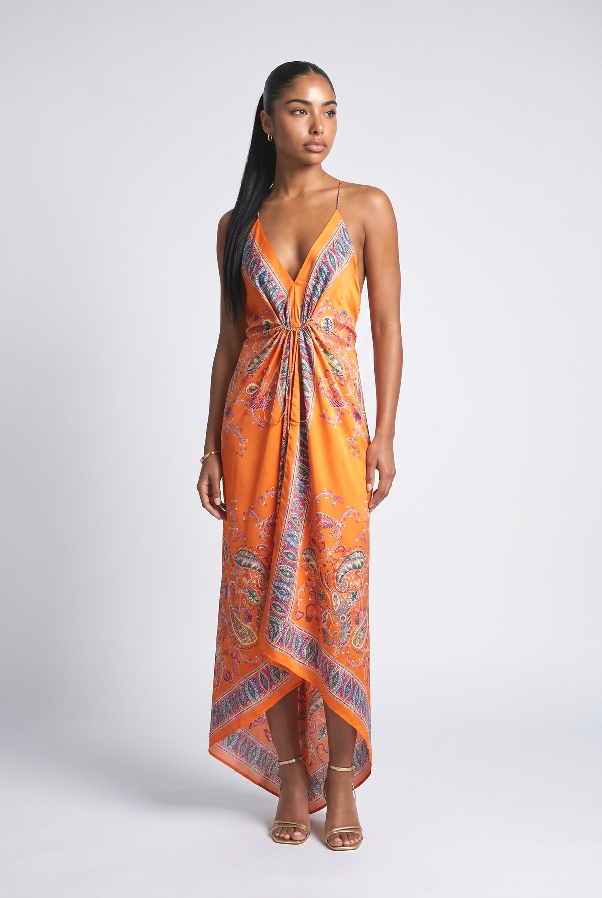 Orange Paisley Satin Backless Strappy Maxi Dress, orange