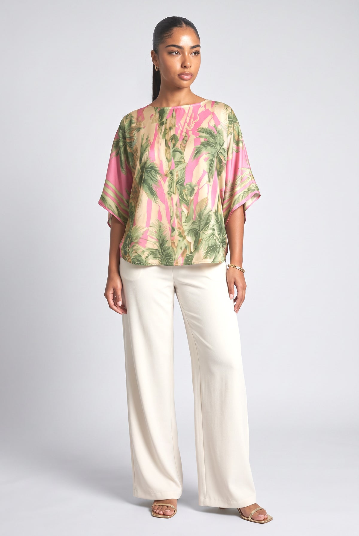 Tropical Batwing Sleeve Relaxed Top, pink pants