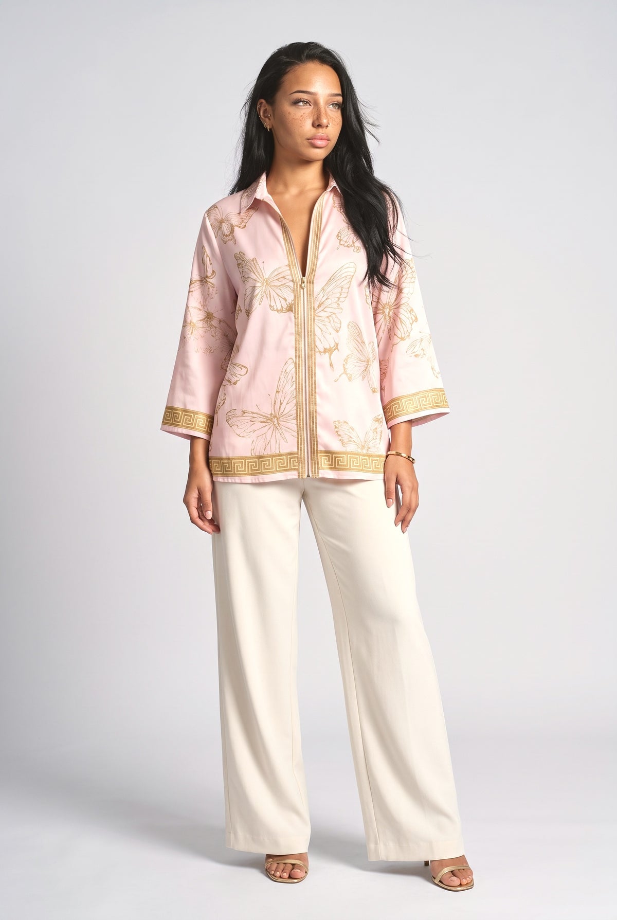 Butterfly Print Zip Shirt, pink pants