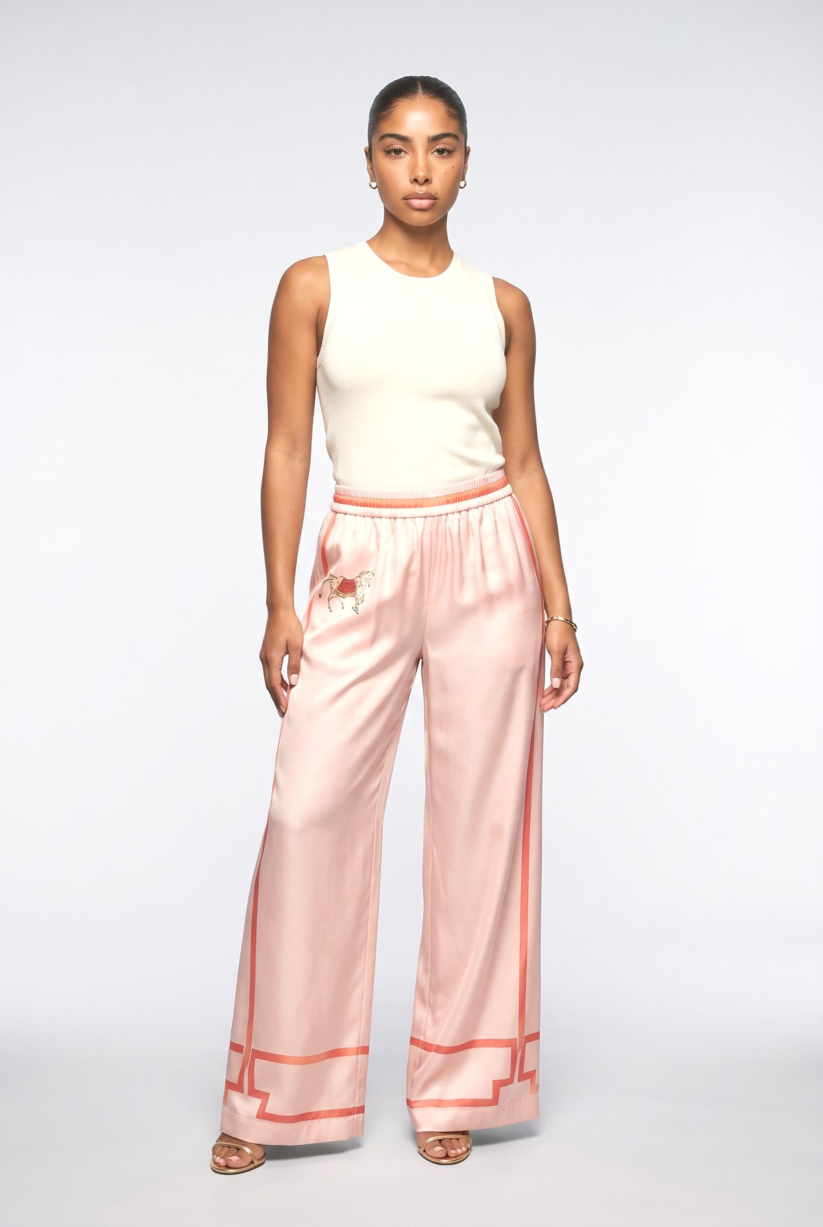Satin Horse Print Wide-Leg Pants, pink pants