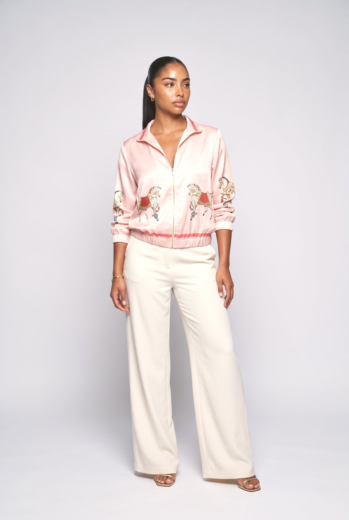 Satin Horse Print Zip-Up Shirt, pink pants