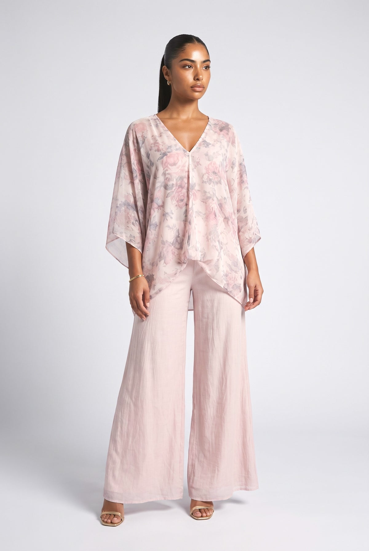 Floral Print Flowing Top & Wide-Leg Pants Set, pink set