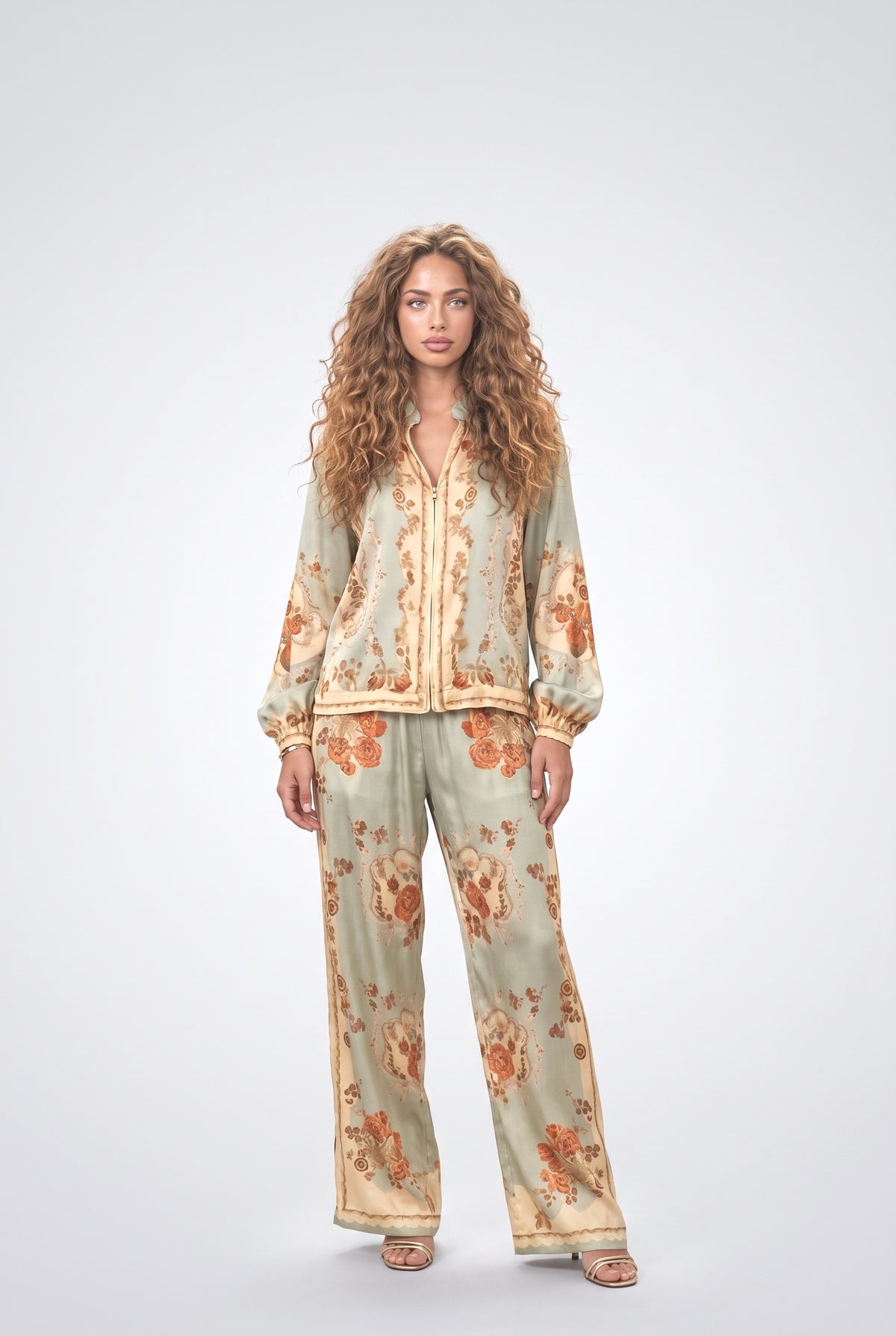 Paisley Satin Outfit Set, pink set
