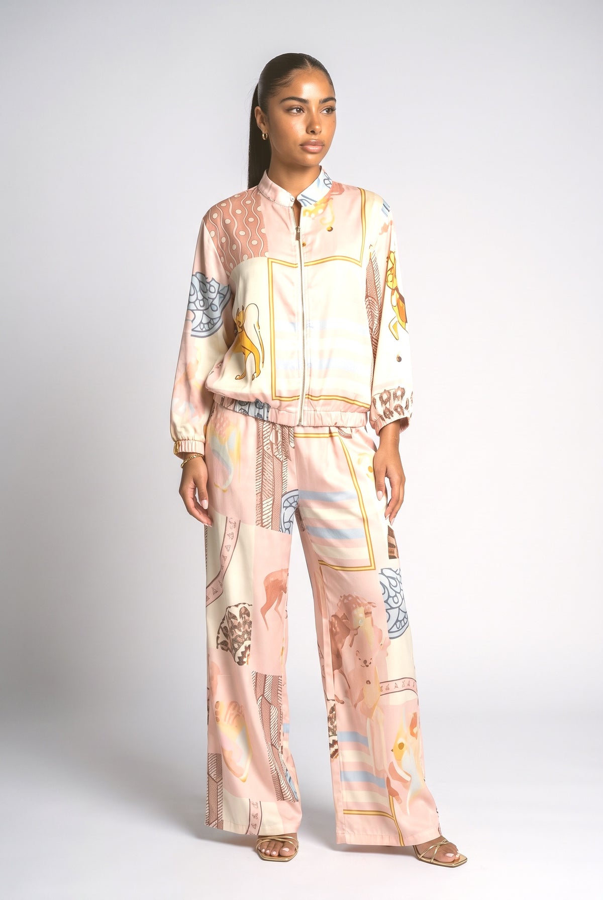 Artistic Print Zip-Up Shirt & Wide-Leg Pants Two-Piece Set, pink set