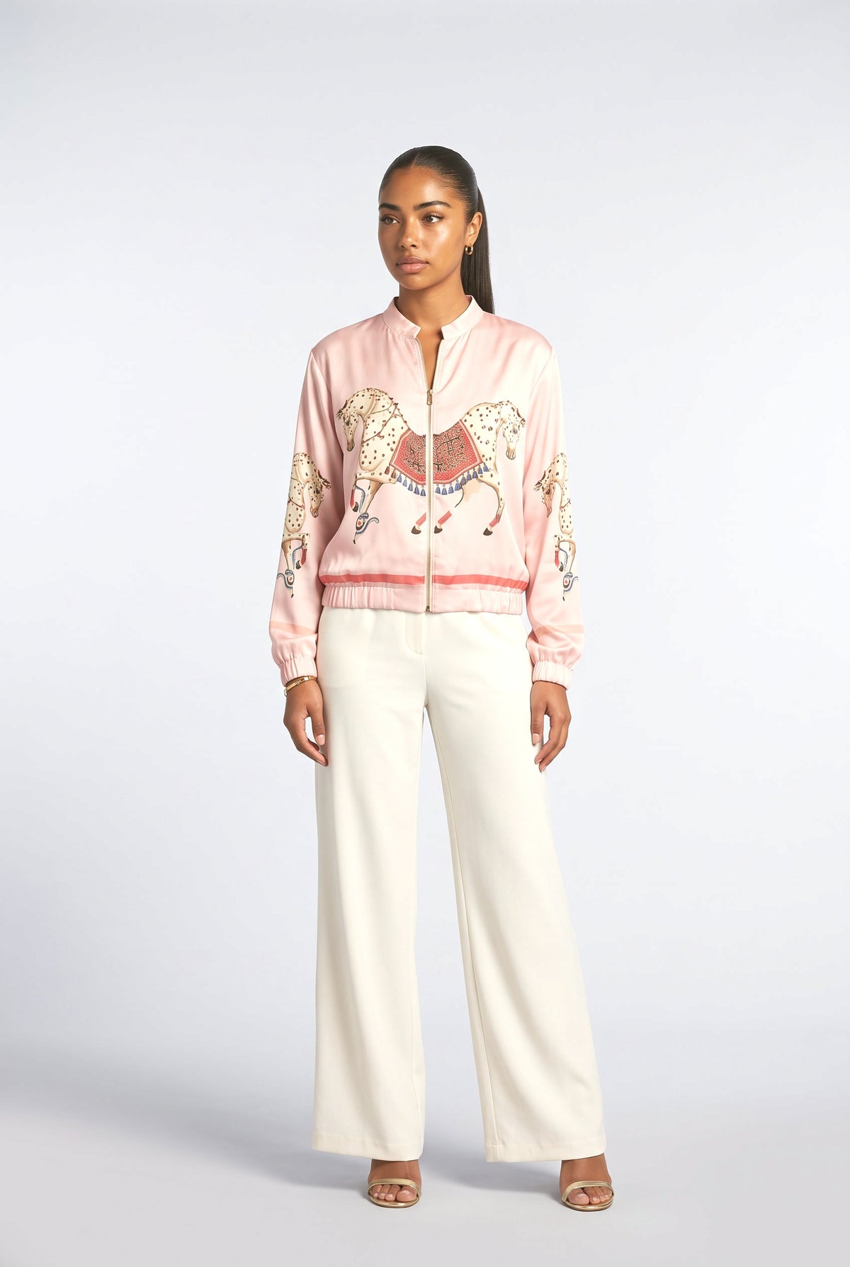 Satin Horse Print Zip-Up Shirt, pink set