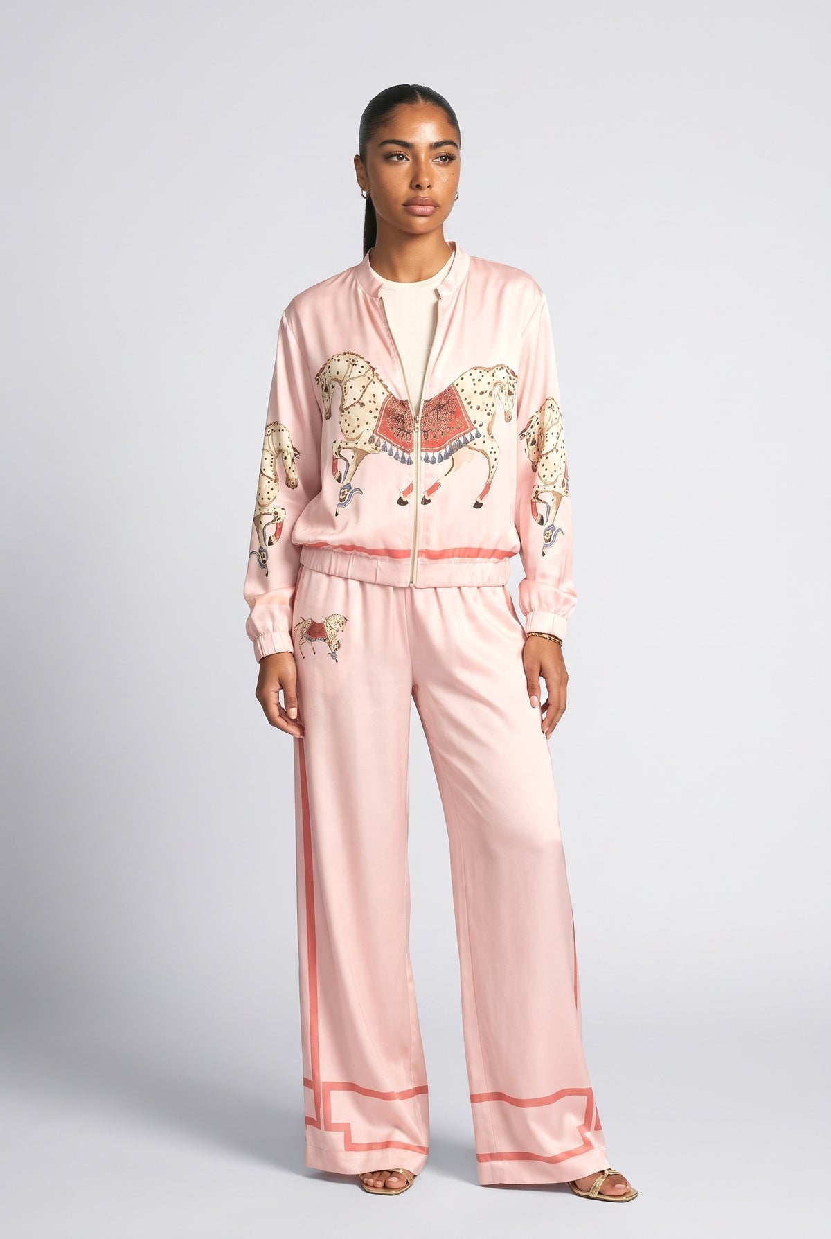 Satin Horse Print Wide-Leg Pants, pink set