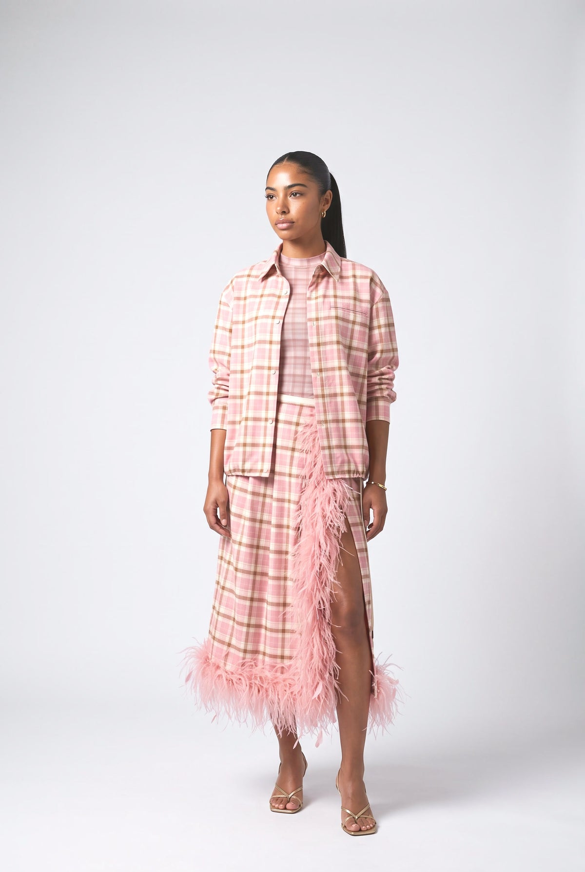Plaid Feather Trim Outfit Set, pink set