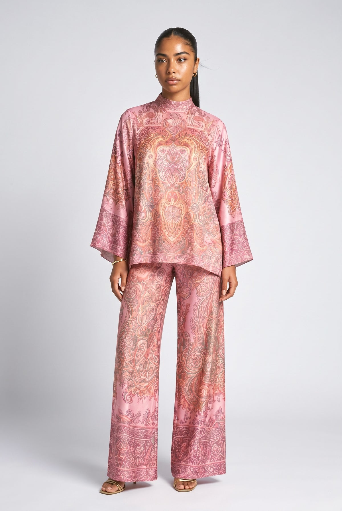 Pink Paisley Satin Batwing Sleeve Outfit Set, pink set