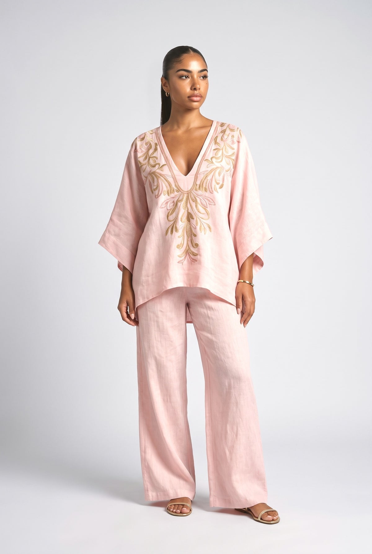 V-Neck Batwing Sleeve Outfit Set, pink set