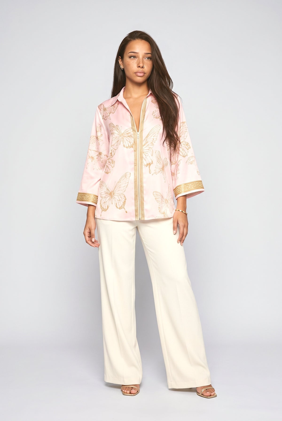 Butterfly Print Zip Shirt, pink set