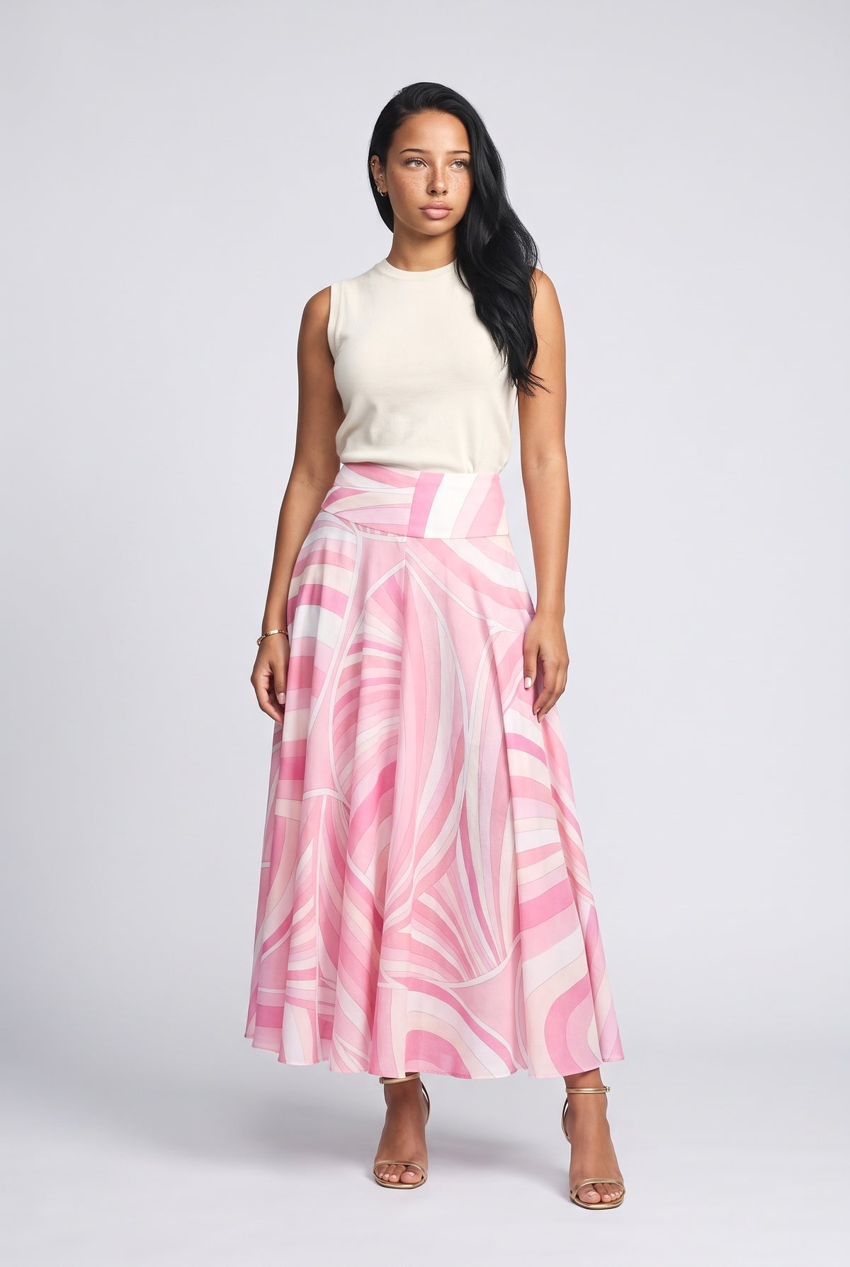 Geometric Print Flared Skirt, pink skirt