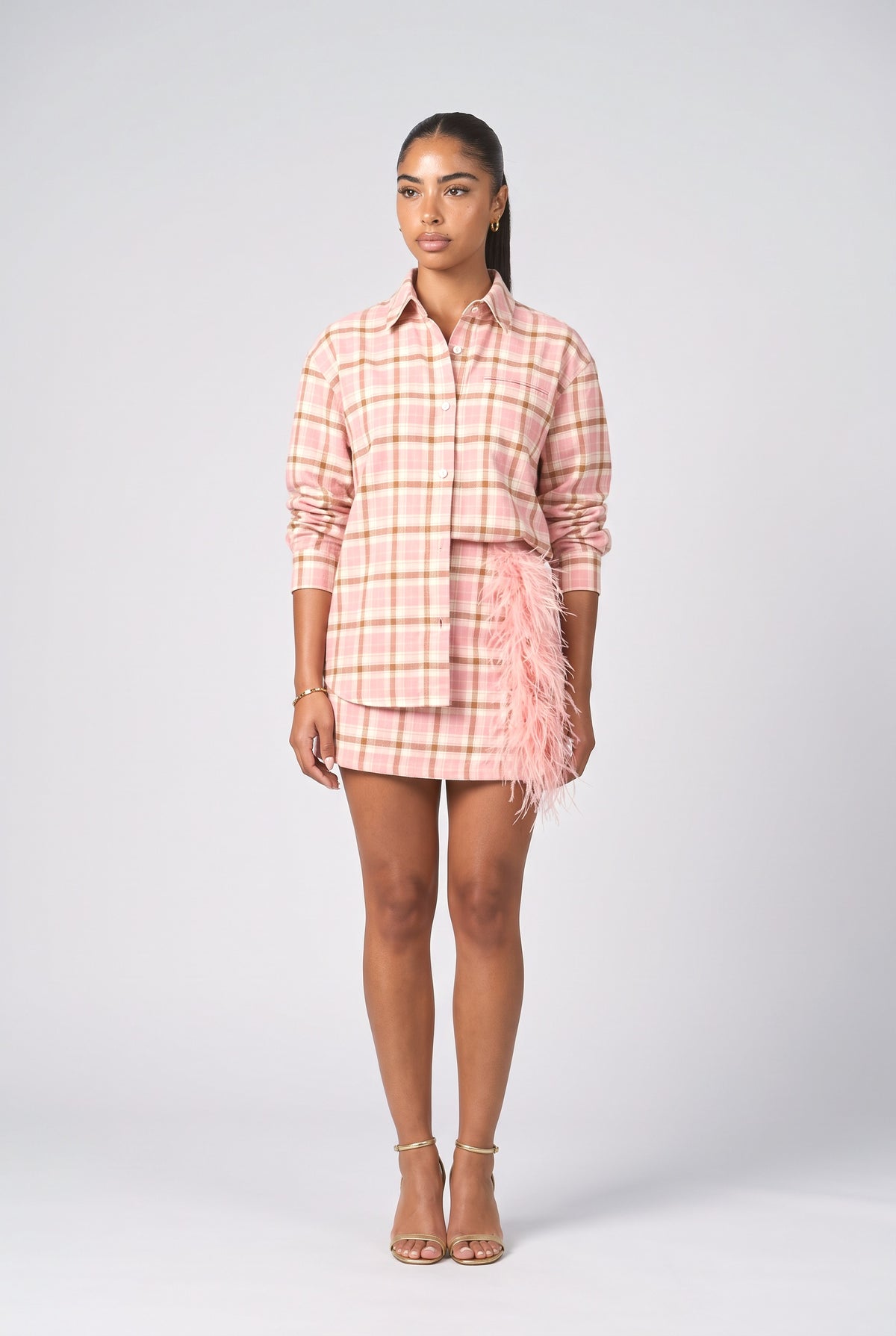Plaid Feather Trim Outfit Set, pink top