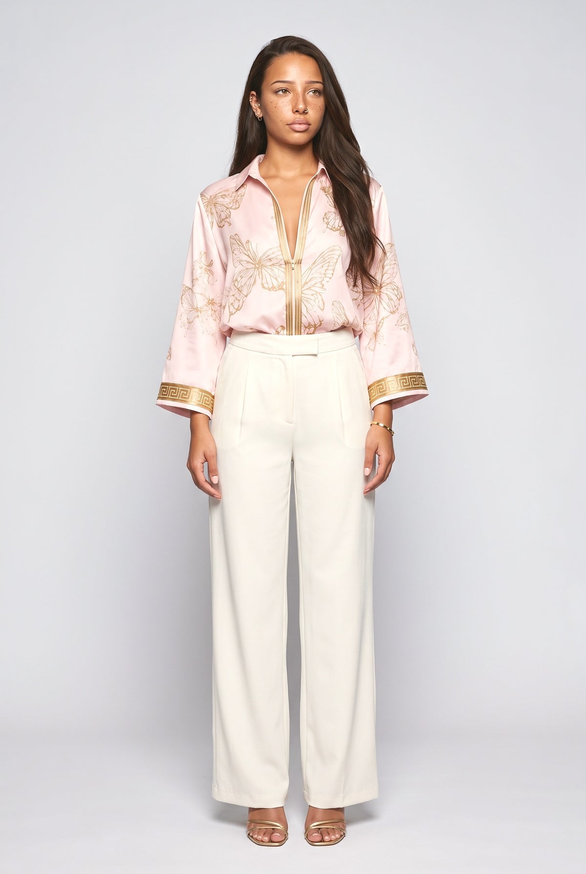 Butterfly Print Zip Shirt, pink top