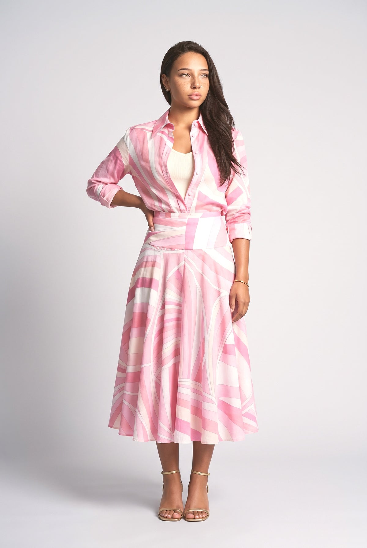Geometric Print Flared Skirt, pink top