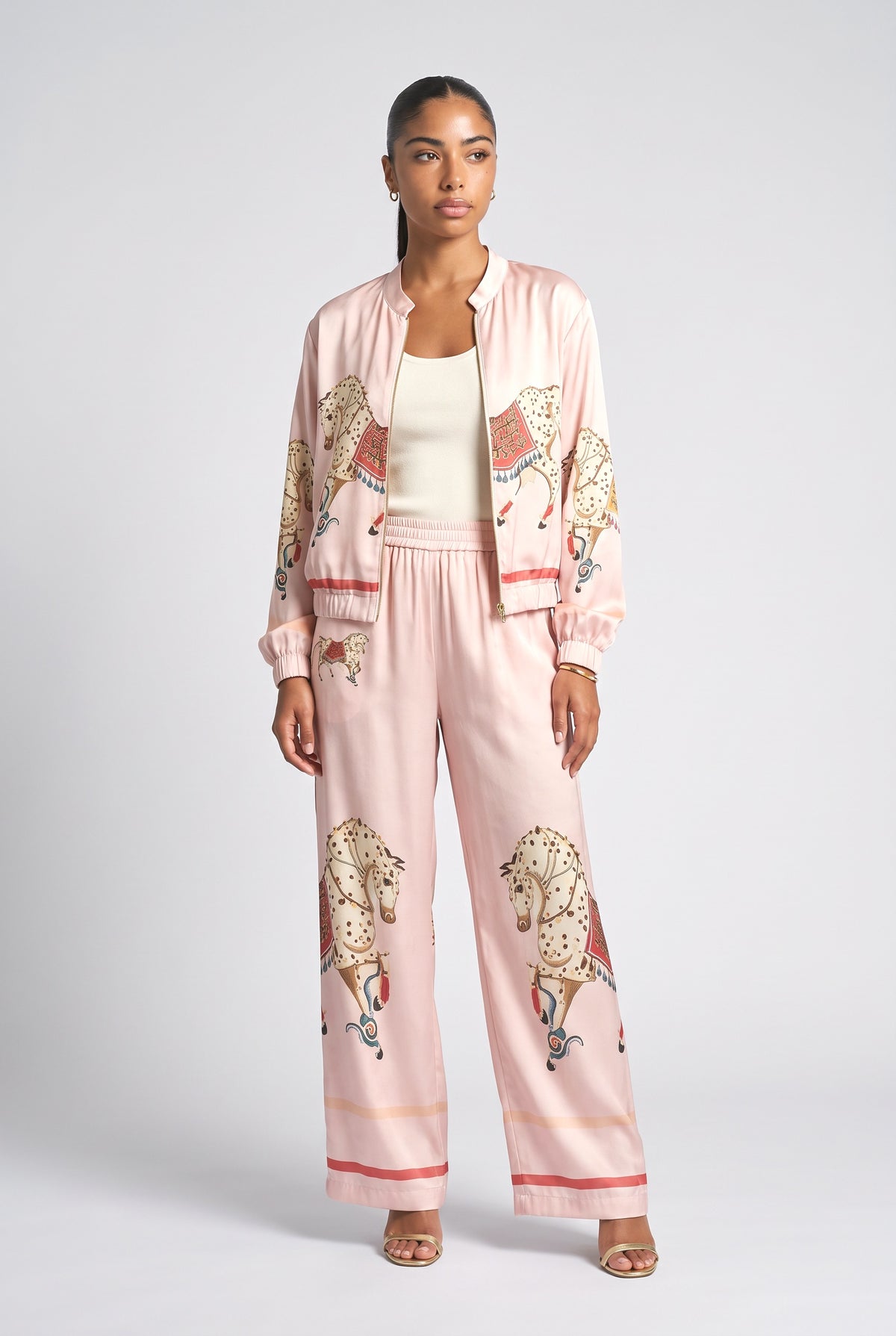 Satin Horse Print Wide-Leg Pants, pink top