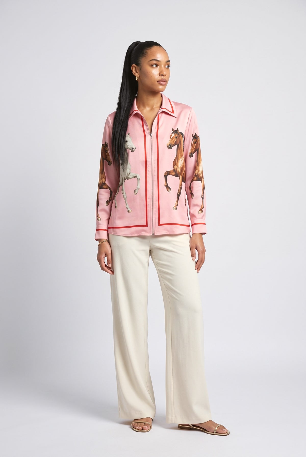Satin Horse Print Zip-Up Shirt, pink top