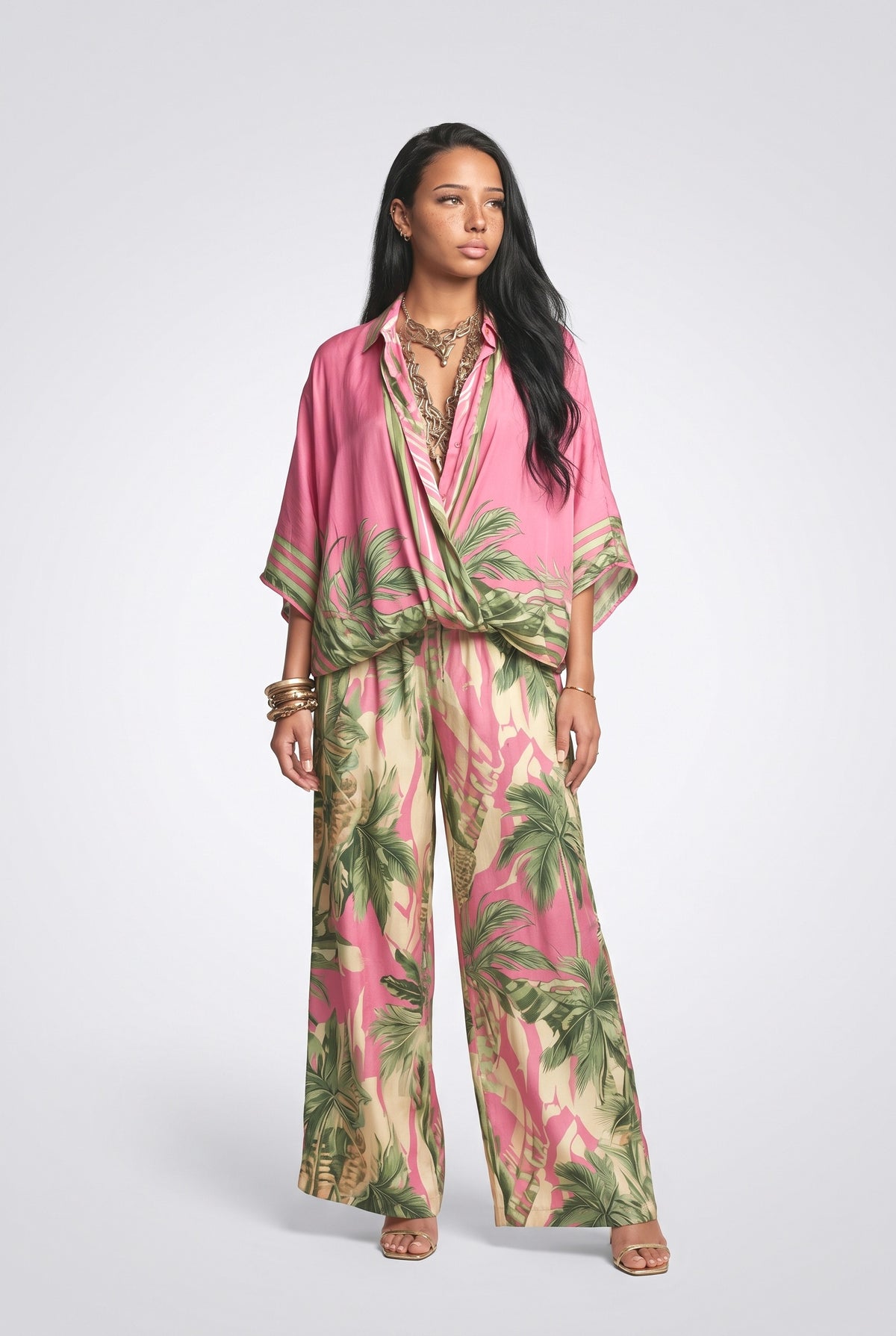 Bohemian Tropical Print High-Waist Wide-Leg Pants, pink top
