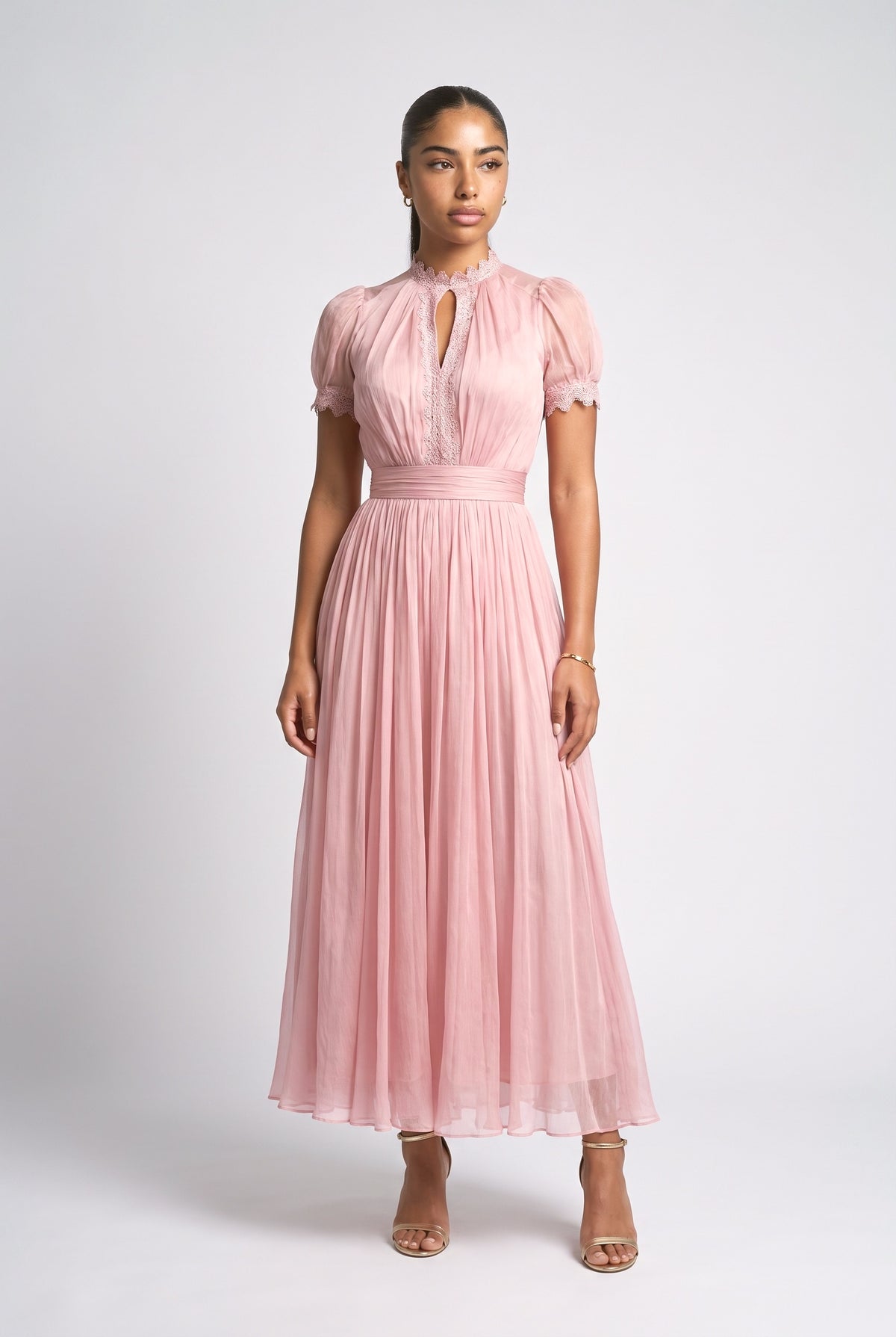 Lace Trim Pleated Chiffon Maxi Dress, pink