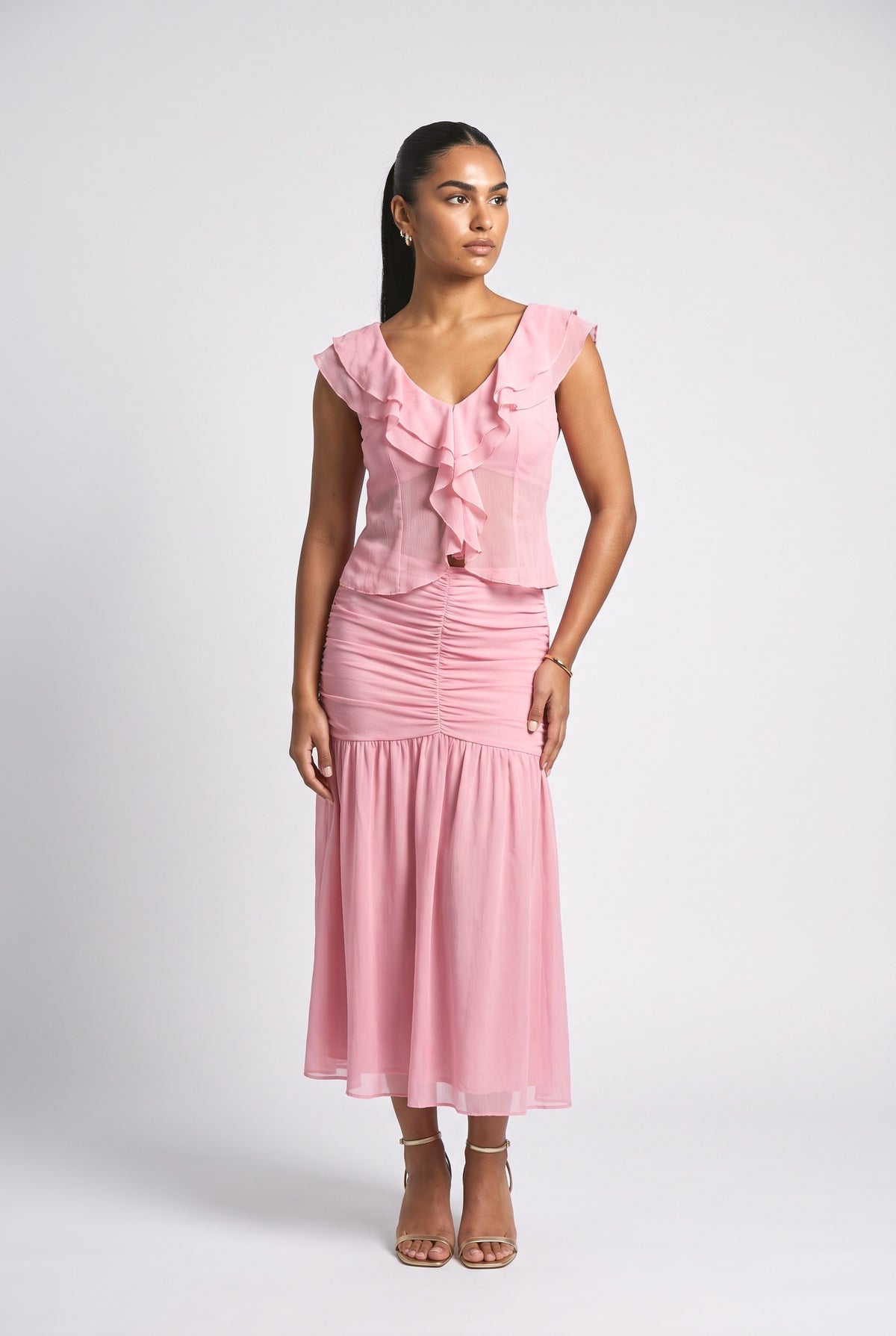Chiffon Ruched Outfit Set, pink