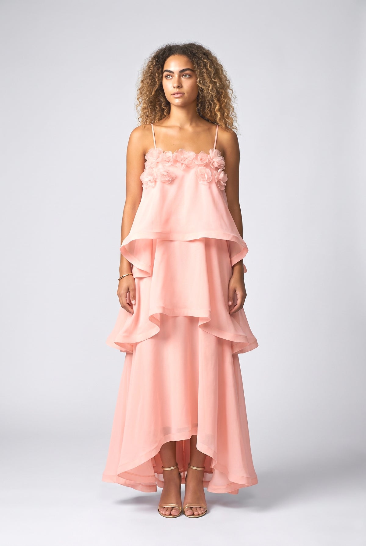 3D Floral Applique Tiered Gown Maxi Dress, pink