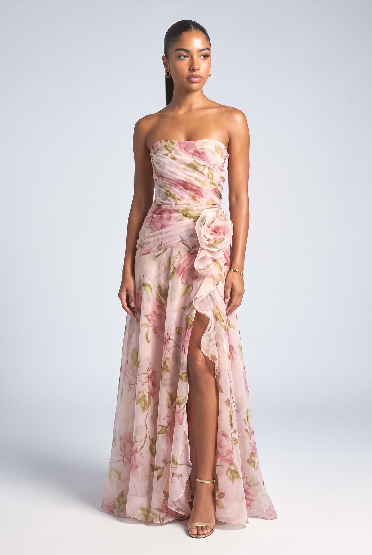 Floral Chiffon Strapless Maxi Dress, pink