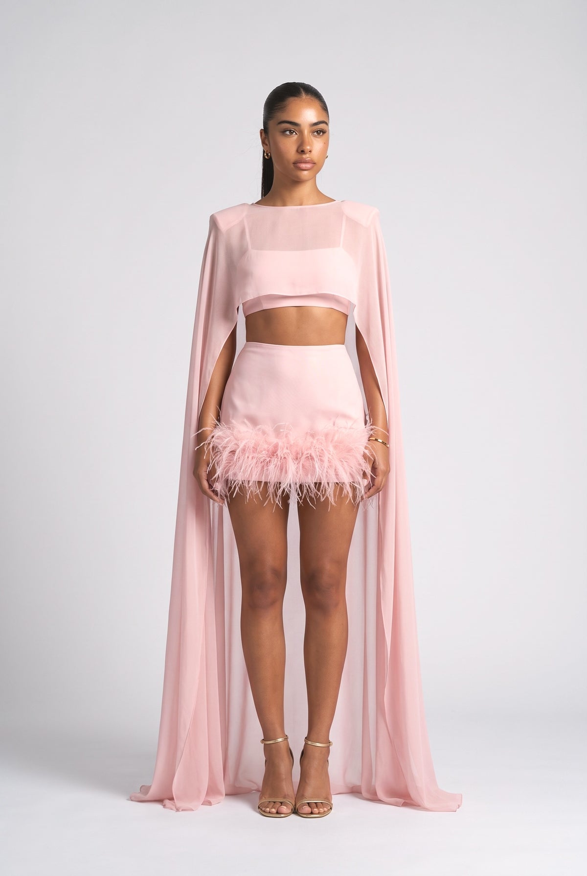 Sheer Feather Trim Outfit Set, pink