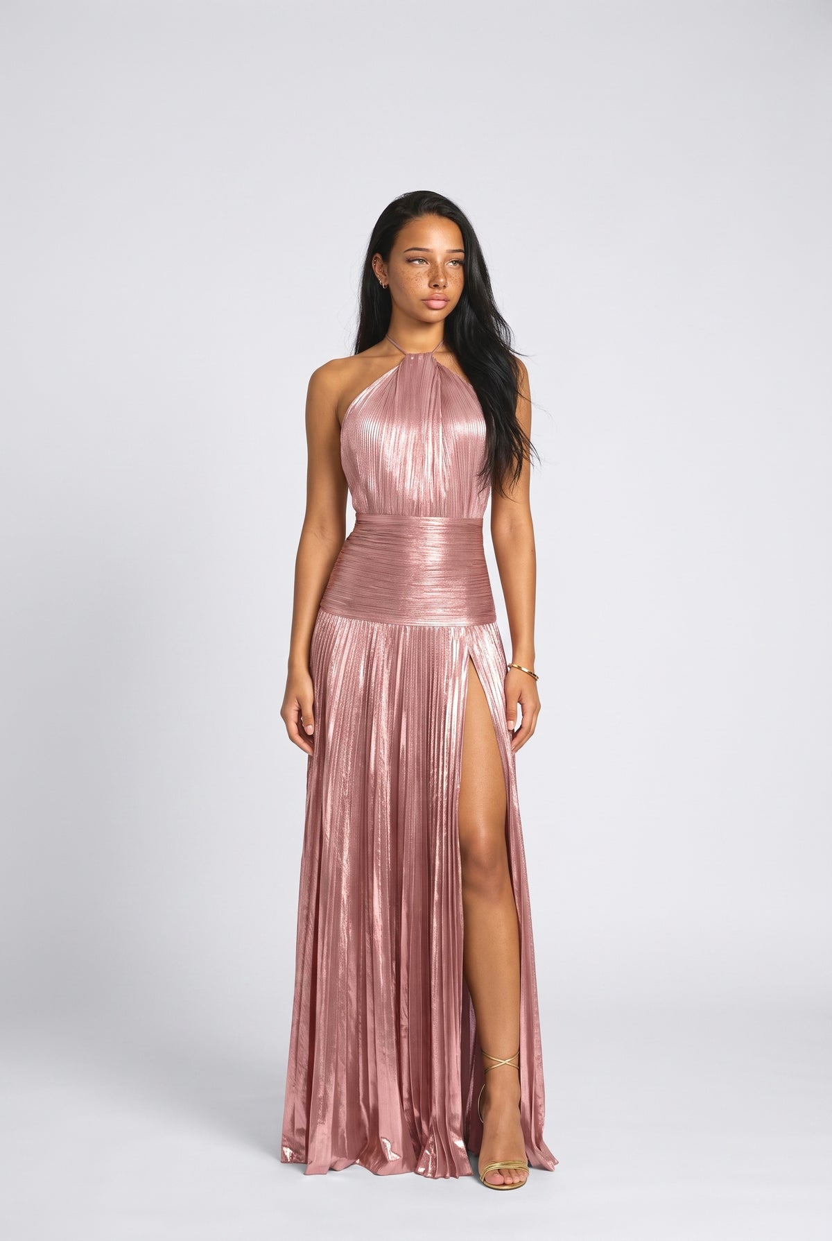 Metallic Pleated Halter Neck Maxi Dress, pink