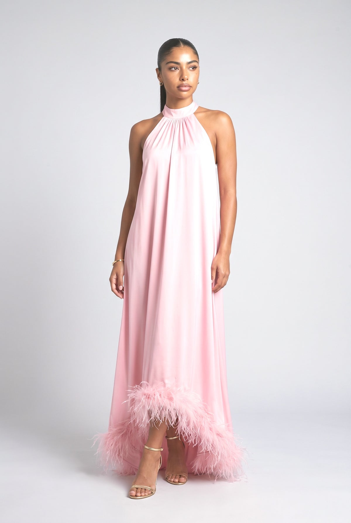 Satin Halter Neck Sleeveless Feather Trim Maxi Dress, pink