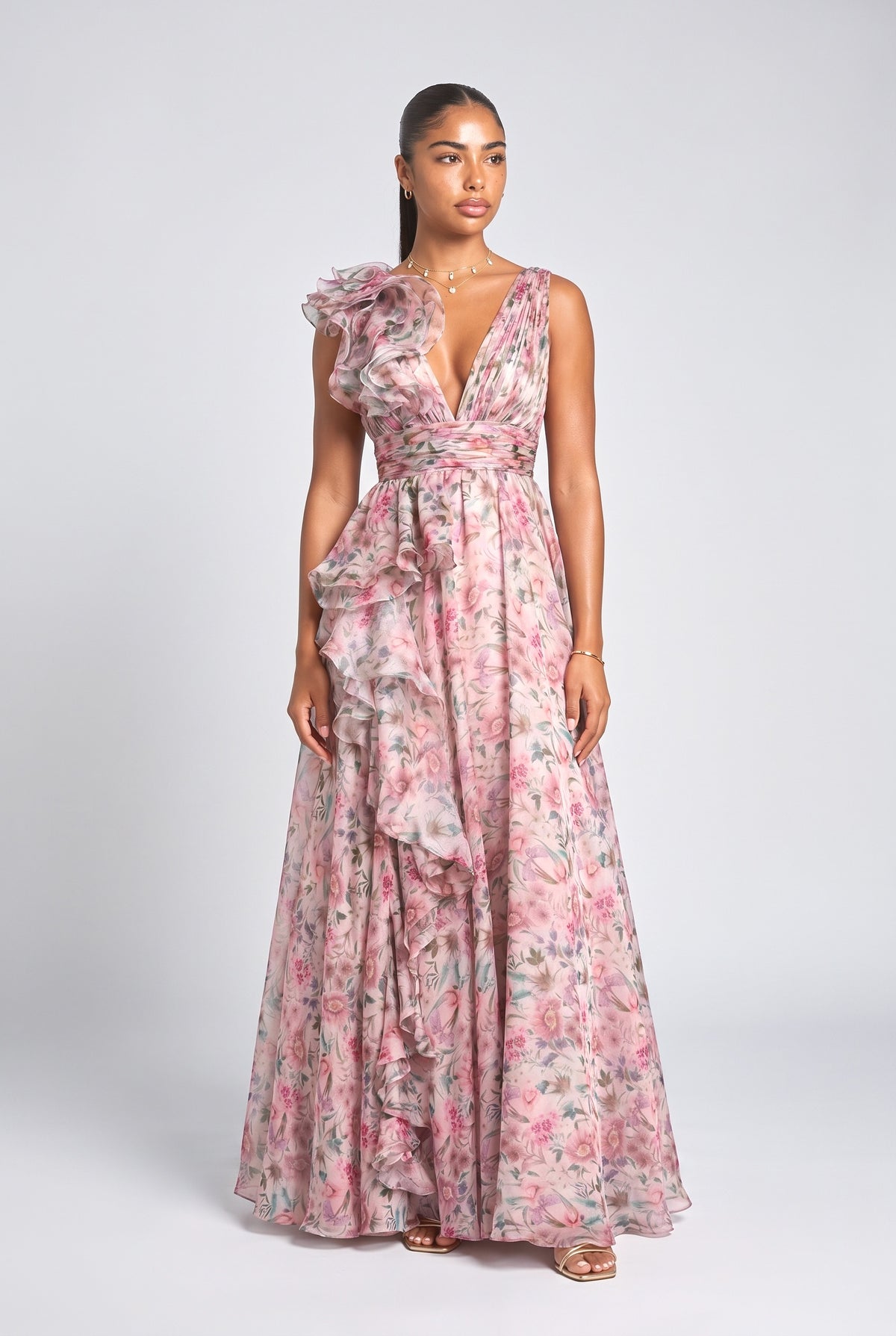 V-Neck Printed Maxi Dress, pink