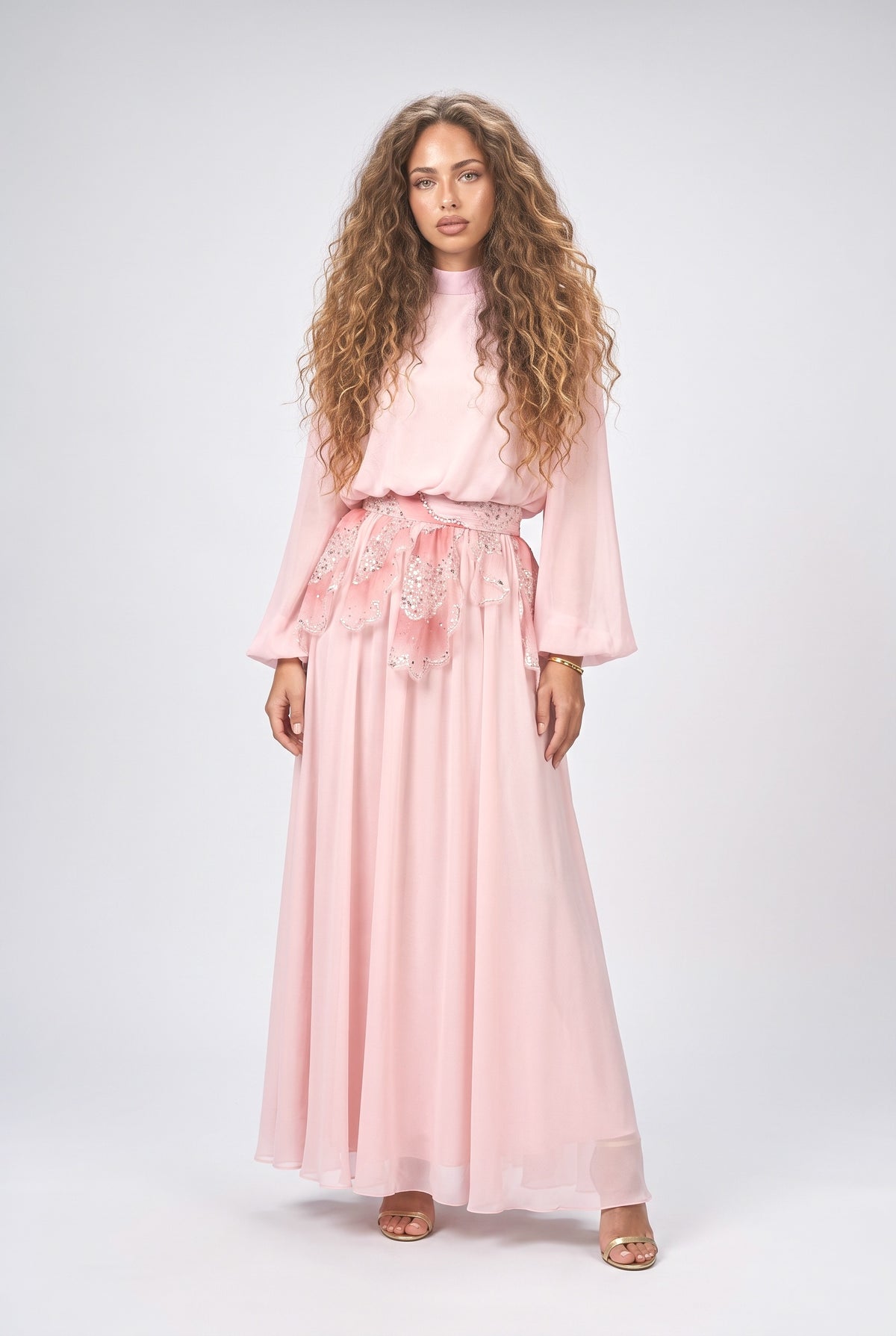 Chiffon High Neck Flowy Outfit Set, pink