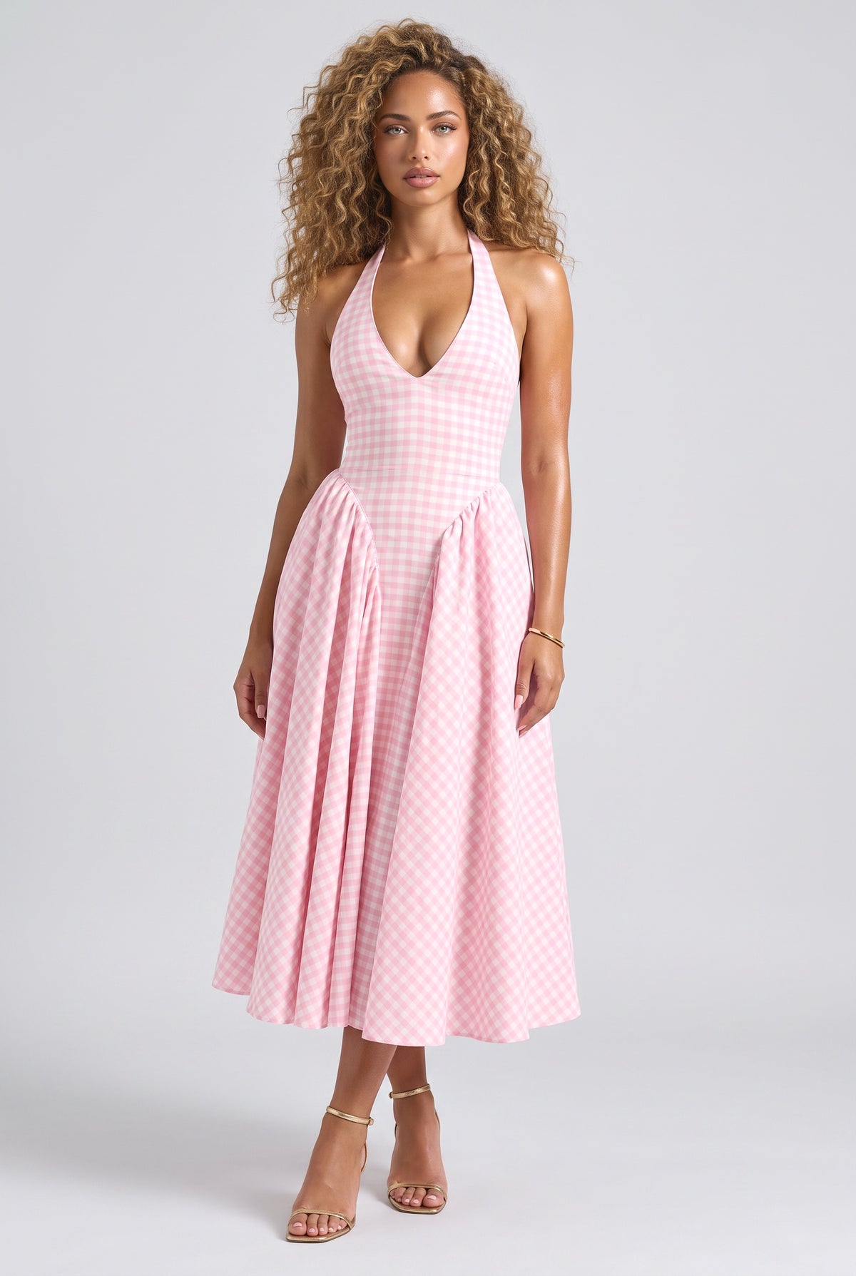 Pink Plaid V-Neck Midi Dress, pink