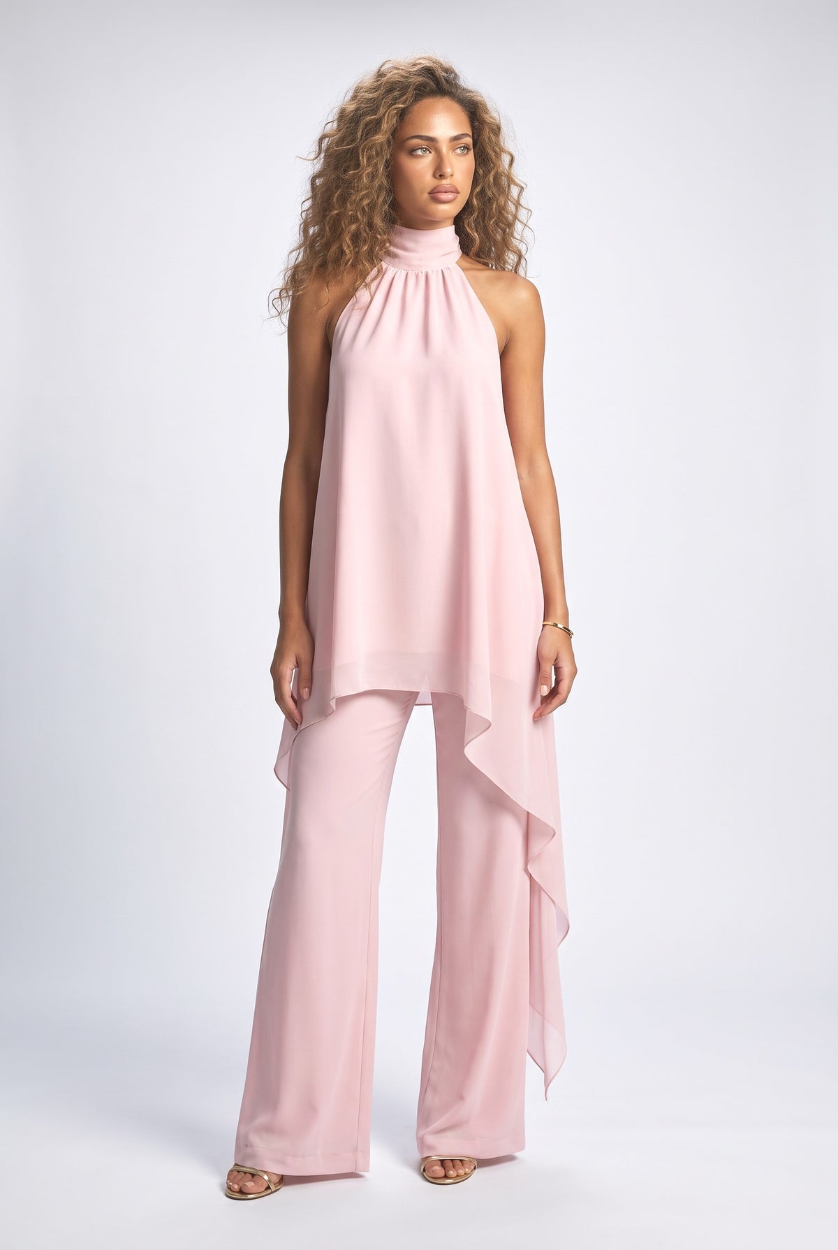 Chiffon Halter Neck Asymmetric Outfit Set, pink