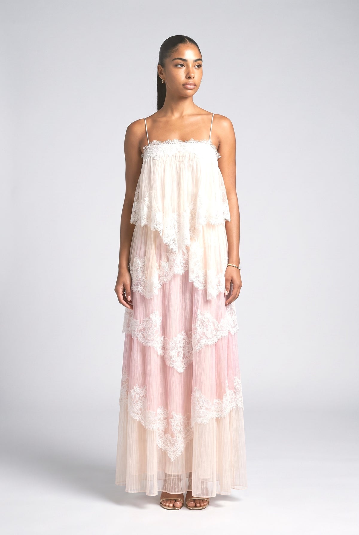 Pink Lace Strappy Tiered Maxi Dress, pink